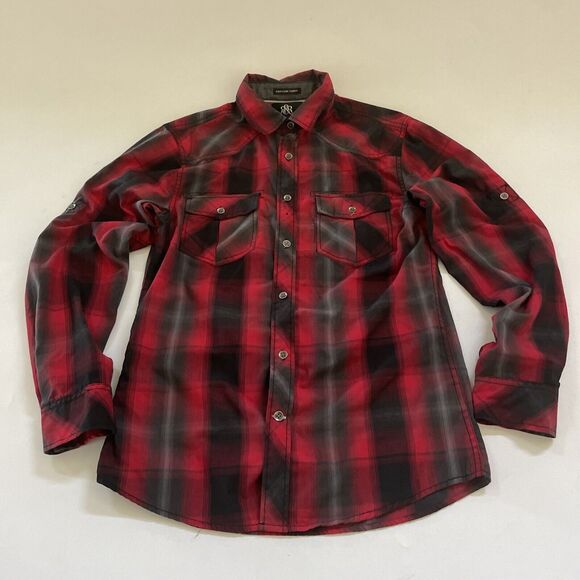 Rock Republic Shirt Mens Small Plaid Button Up Easy Care Roll Tab Sleeve Cowboy - Picture 1 of 10